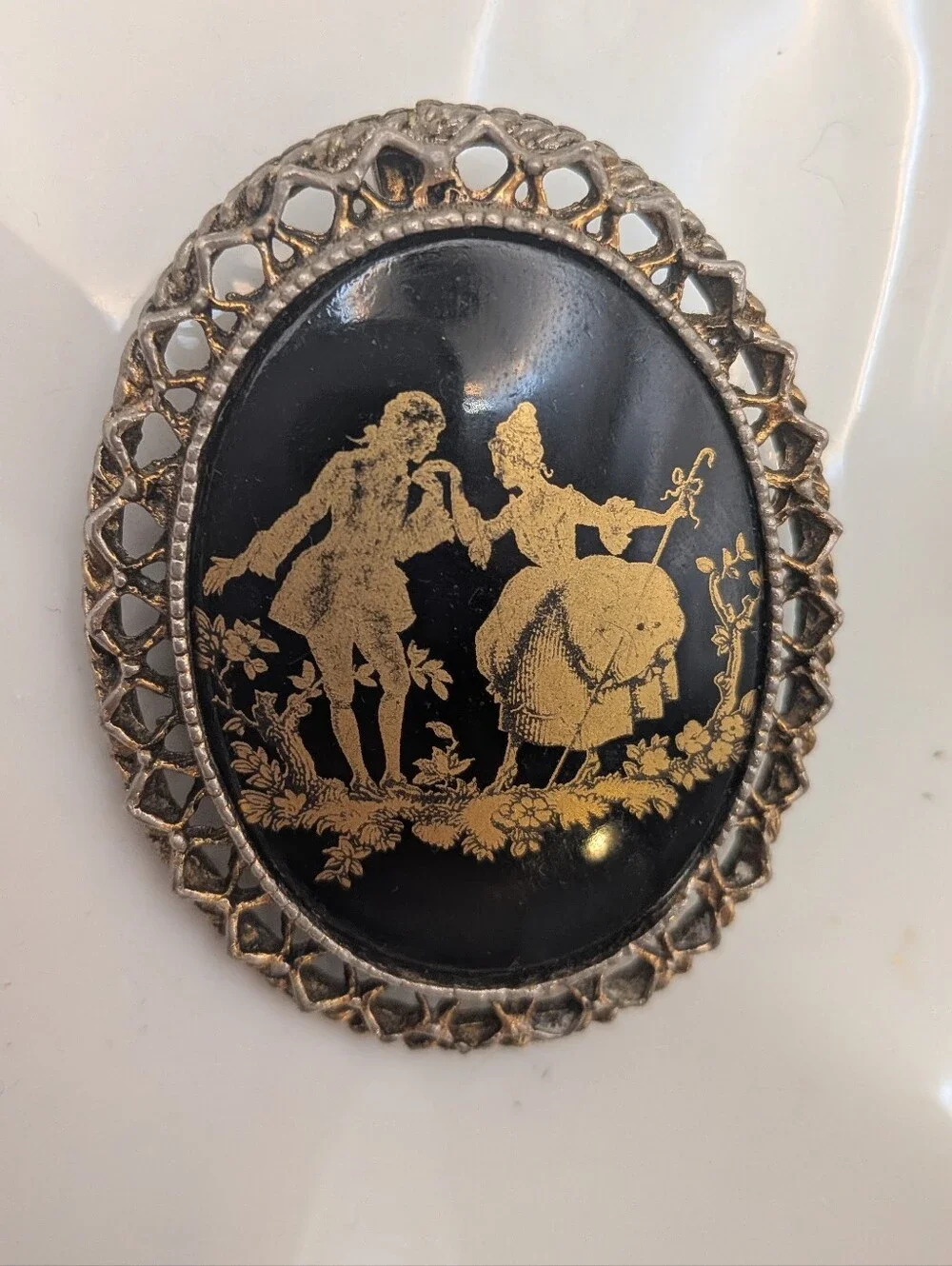 Vintage Victorian Black and Gold Romantic Silhouette Brooch Convertible Pendant